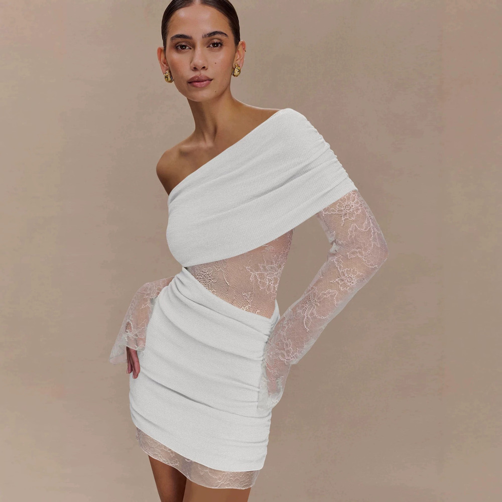 H&M Fall Winter Long Sleeve One Shoulder Sexy Bodycon Pleated Mini Dress